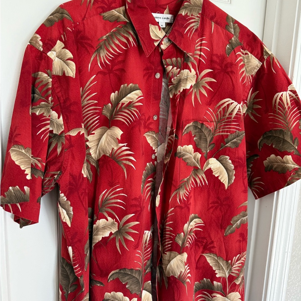 Pierre Cardin Red Tropical-Leaf Short-Sleeve Button-Down Shirt